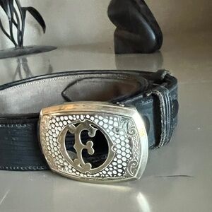 Black Leather Belt with F Tripled Plated Buckle Mens or Women’s